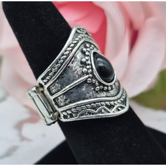 Cute Silver Tone & Black Statement Stretch Ring One Size Western Bojo Casual - Picture 2 of 10